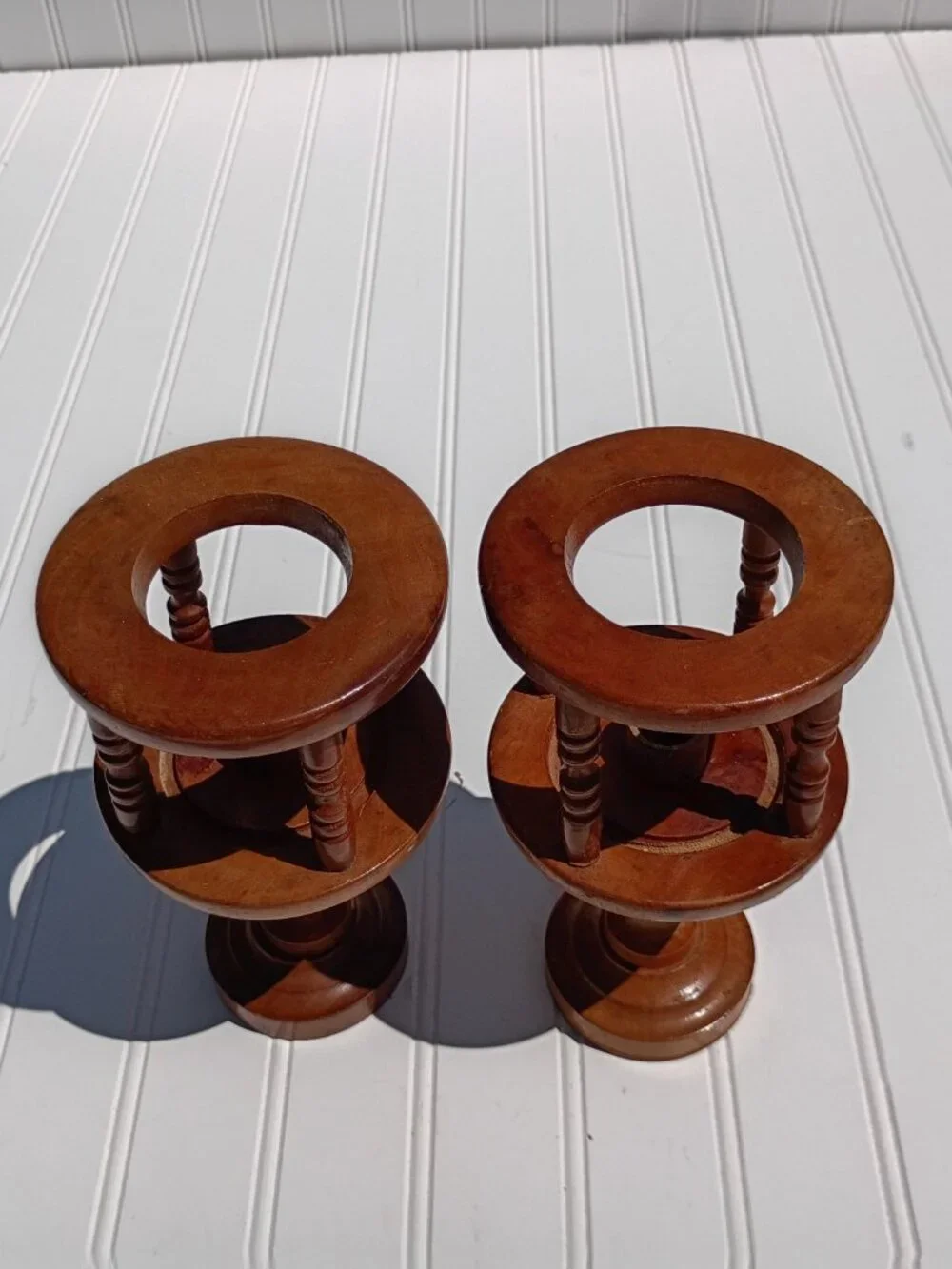 Vintage Turned Wood Candle Holder Pair Cage Spindle Taper Rustic Farmhouse MCM
